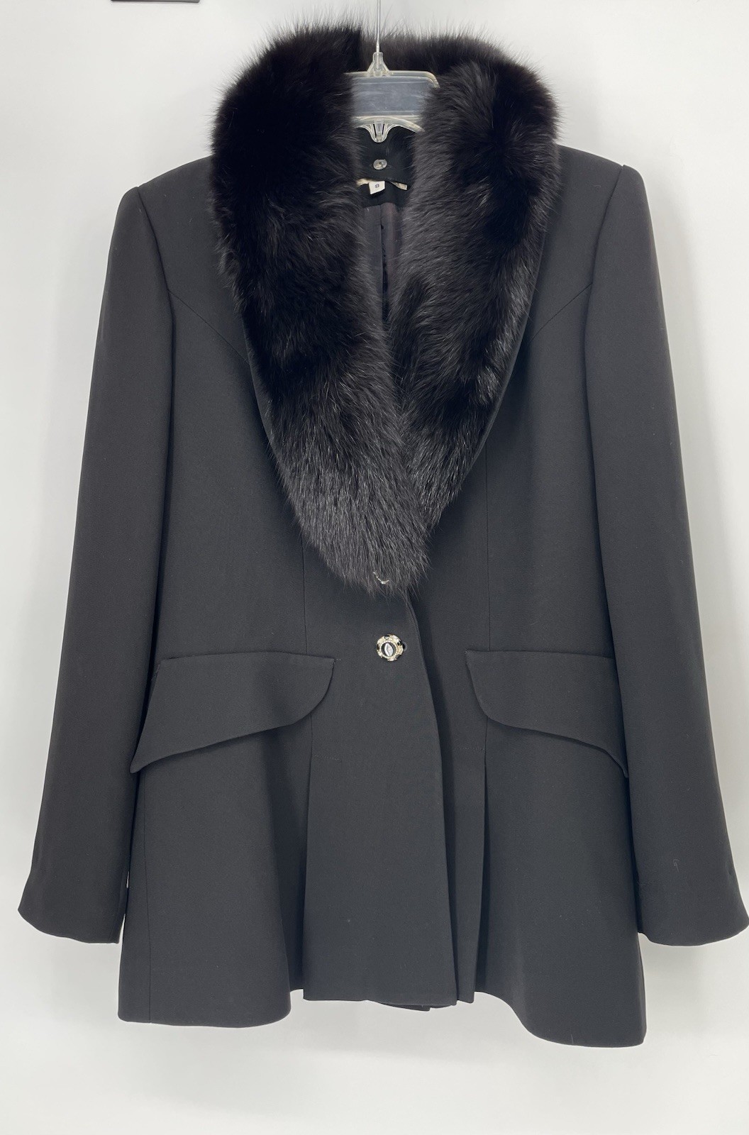 Vintage 90s Alberto Makali Black Fox Fur Collar Power Shoulder Blazer Jacket sm