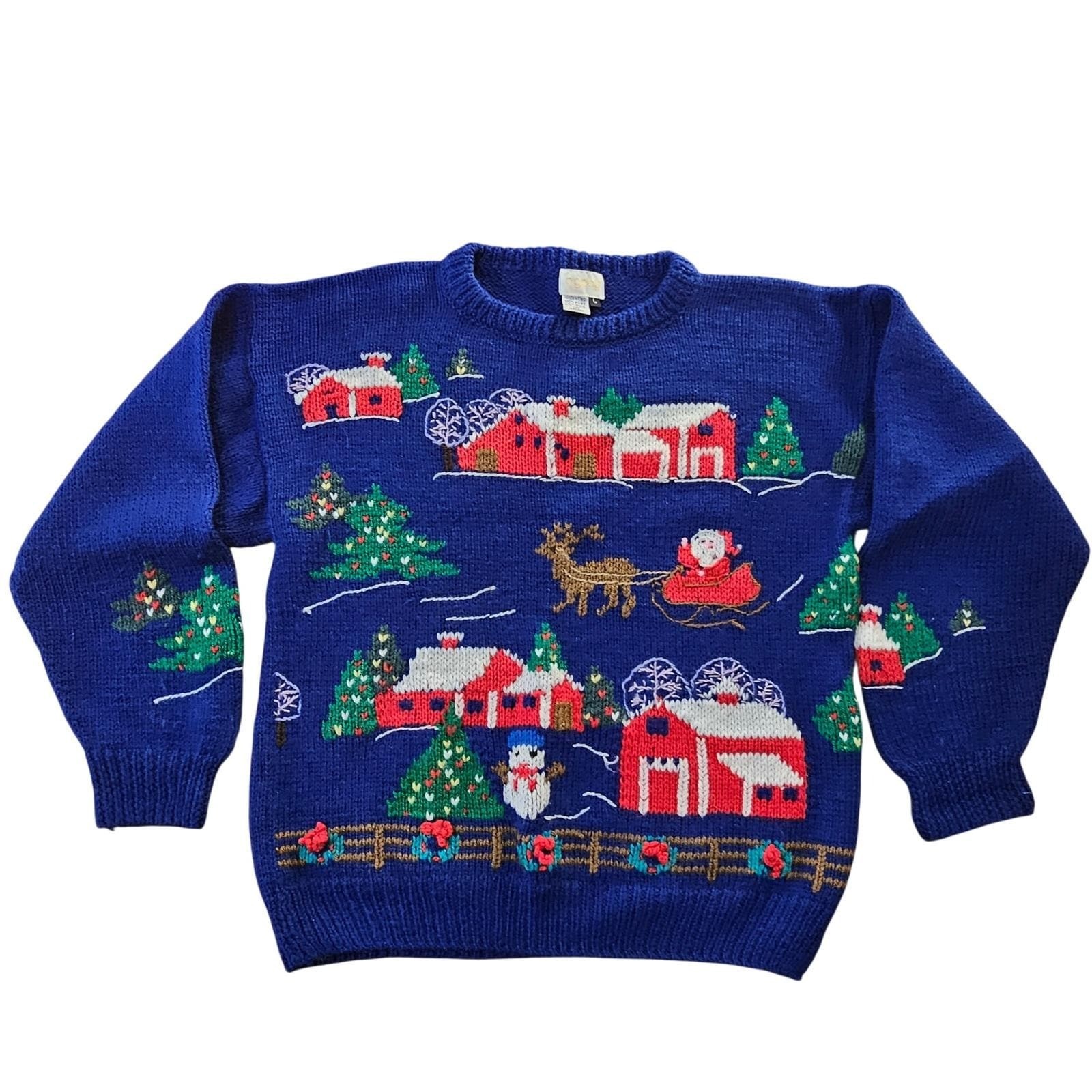 B.G. Day Christmas Sweater Women Sz Lg Blue Wool Handknitted Holiday Village VTG