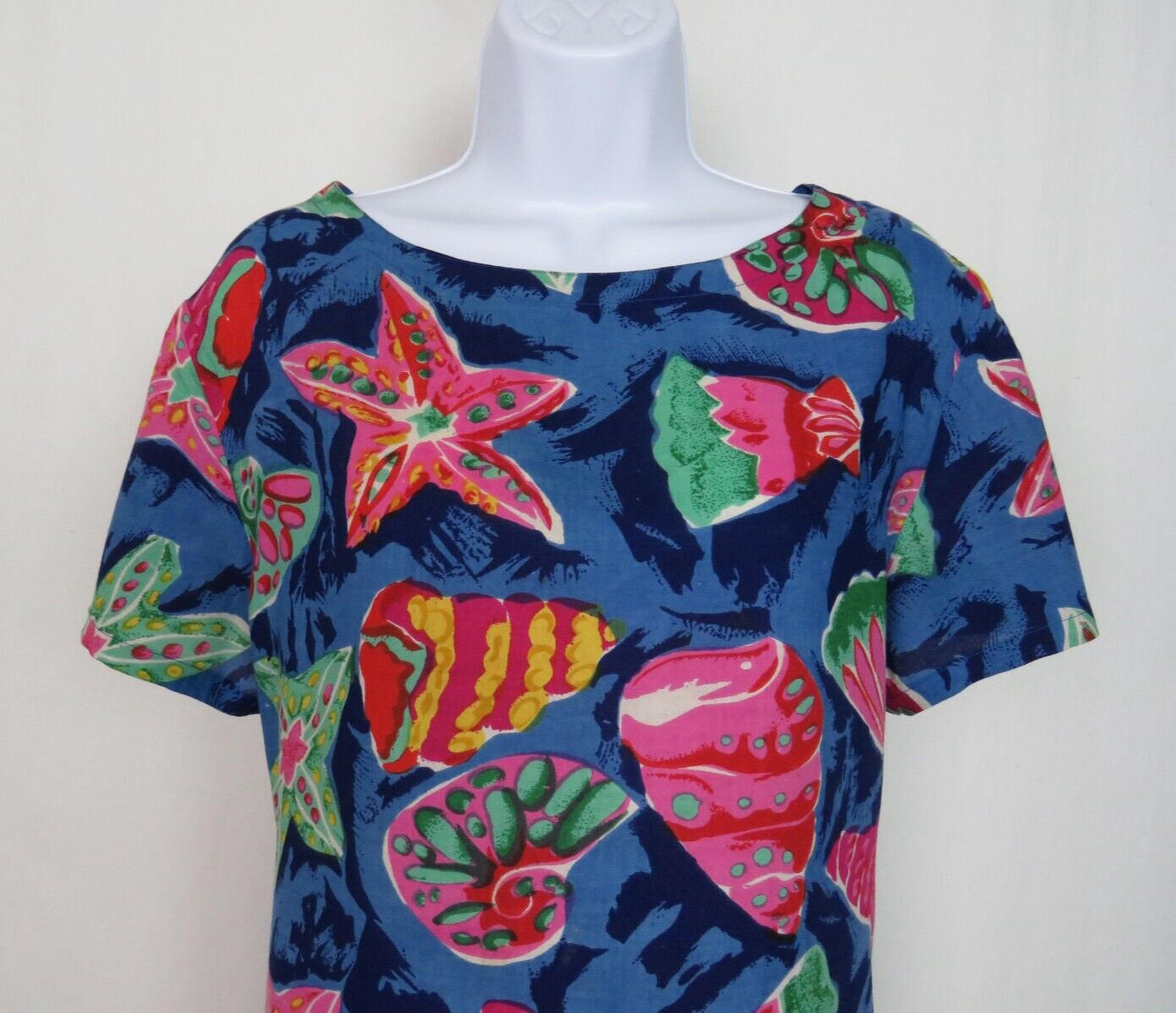 VTG 1990s PEPPERMINT BAY TROPICAL OCEAN DRESS STARFISH SEA SHELLS ROPE BELT