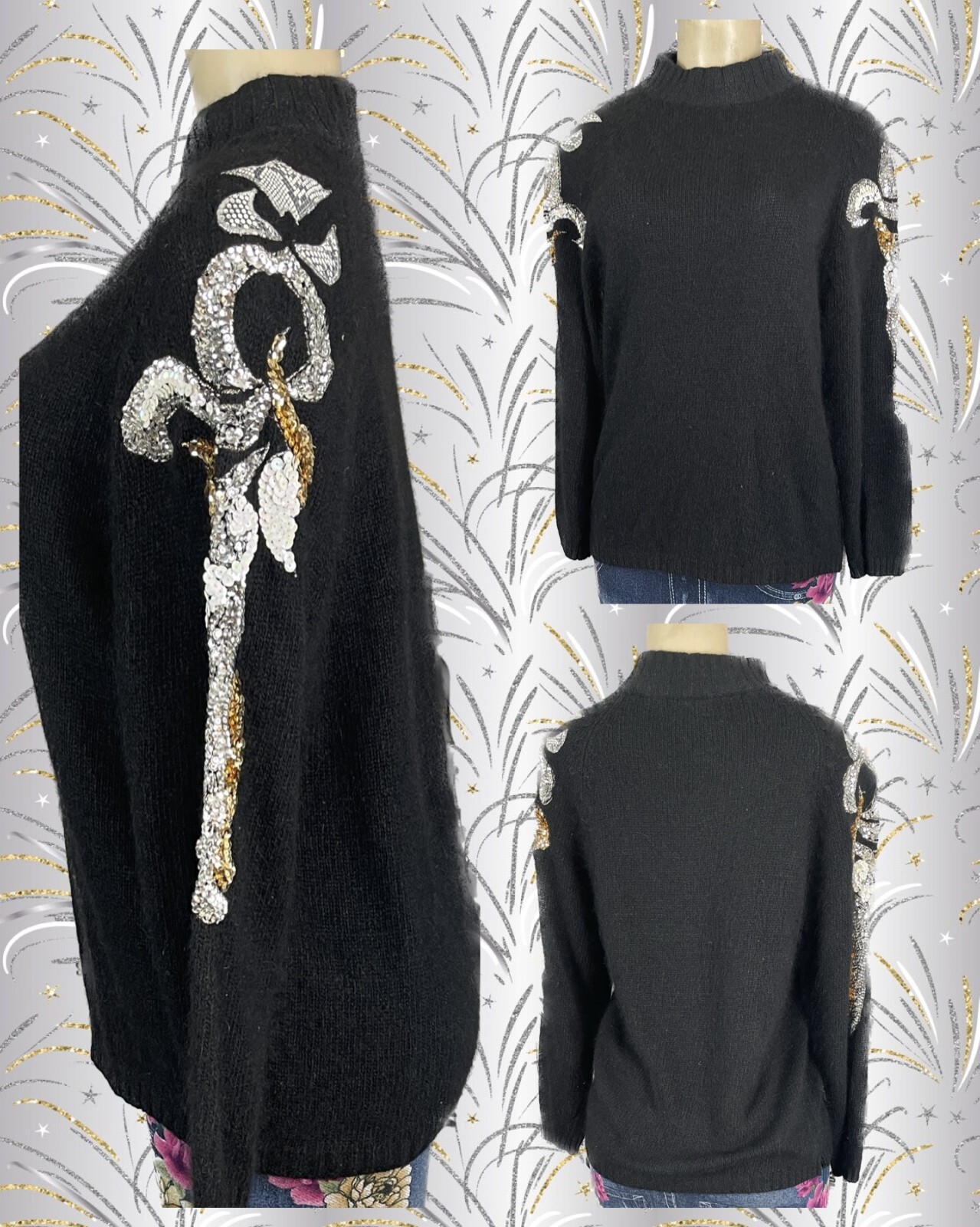 Croquet Club Vintage L Black Mock Neck Silk Blend Sequin Long Sleeve Sweater