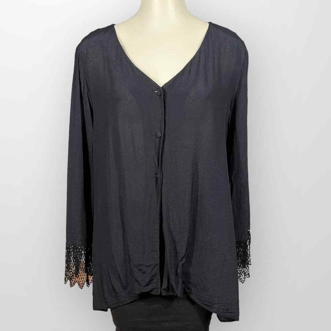 Vintage Celia Tejada Blouse (L) Bell Sleeves Crochet Lace Cuffs USA Rayon Black