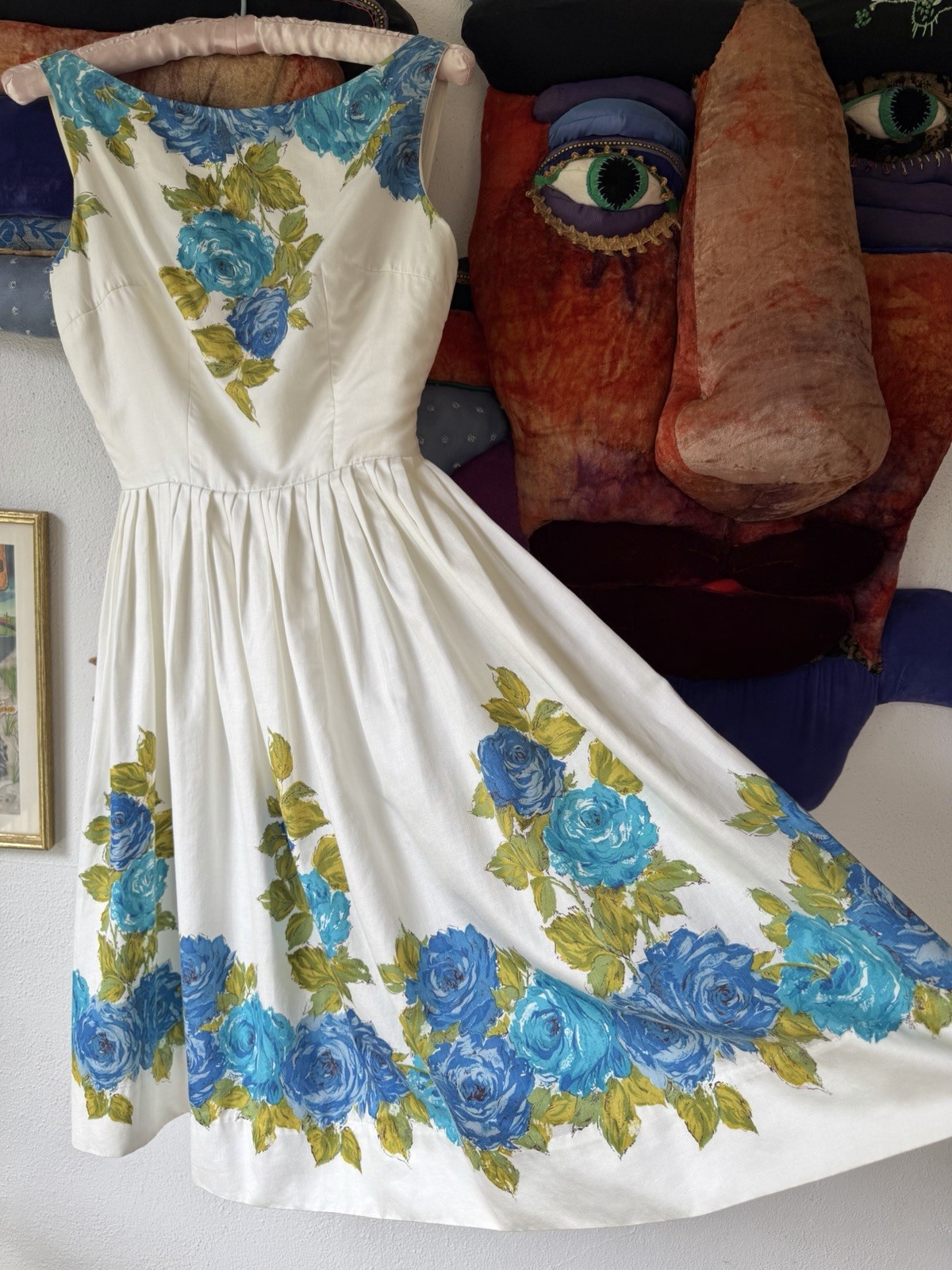 Vintage 1950s BORDER PRINT SUNDRESS Dress Cotton Blue ROSES Bows Metal Zipper XS
