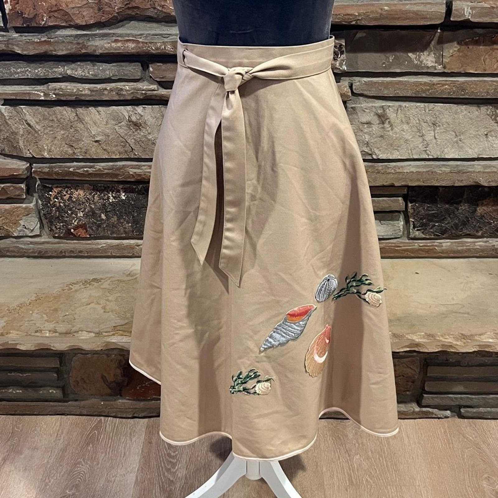 Vintage 70s Shirley Gadol Tan Wrap Circle Skirt with Sea Theme Patches