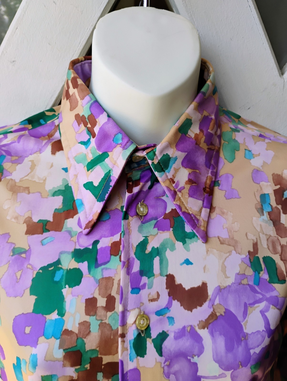 70’s „GIVENCHY for chesa” Lavender/Green Abstract Dagger Collar L/S Blouse 10