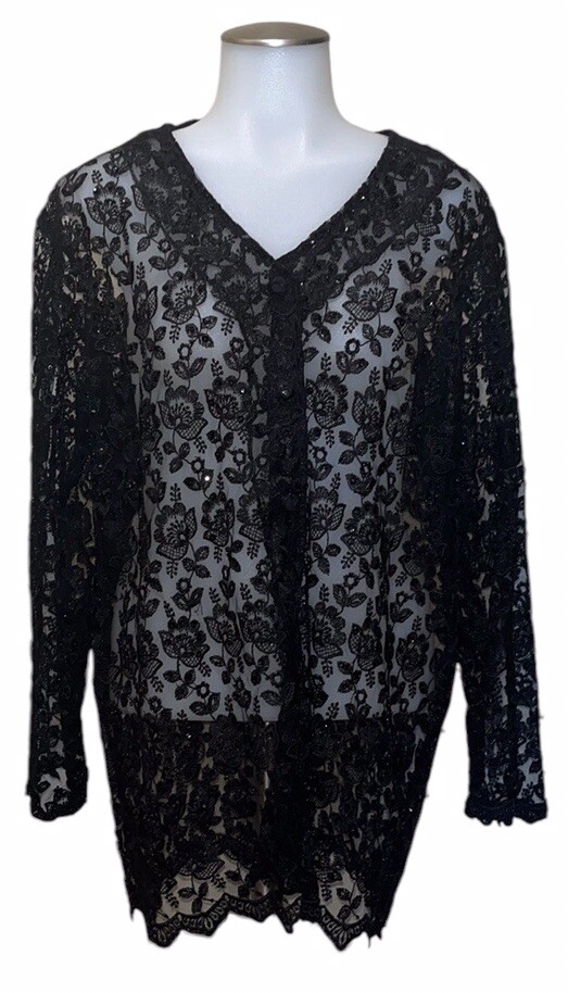 Vtg Passports Pier 1 Black Floral Lace~Bead~Sequin Top/Jacket(?)~READ