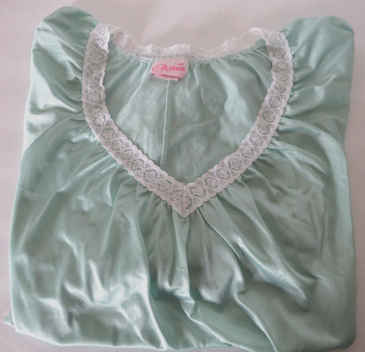 Vtg Nightgown Size 2X Avian Mint Green Lace Trim V-Neck S/S Nylon Soft