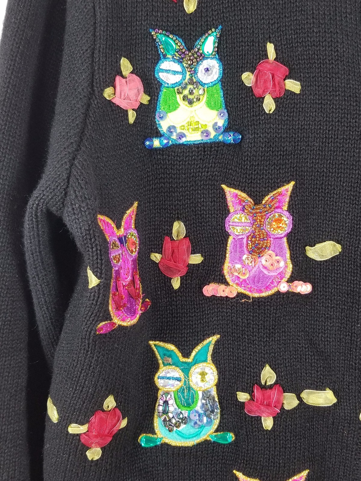 JACK B QUICK Vtg long sleeved black multi-colored Owl beaded design Sweater Sz S