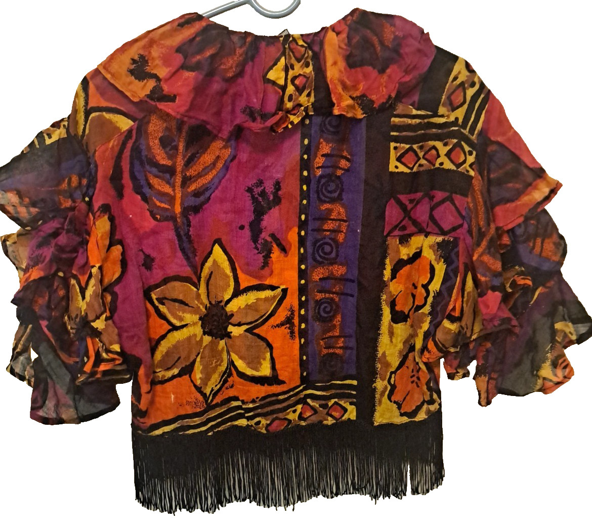 Vintage Salsa Top Ruffled Sleeves Floral Fringe Orange Pink Western Dance Boho L