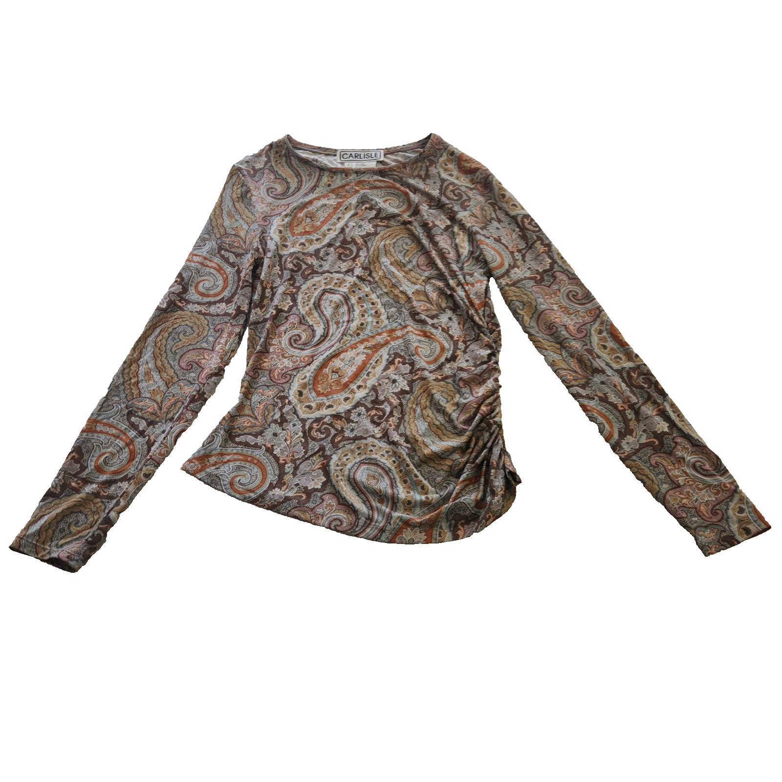 Vintage CARLISLE Paisley Fitted Shirt Women’s 12 Stretch Lightweight Ruched Top