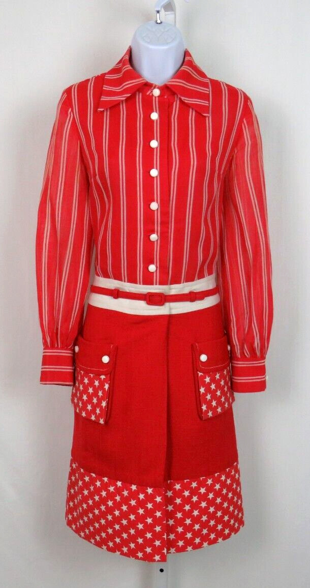 VTG 1950s HOWARD WOLF RED SHIRT DRESS WHITE STARS STRIPES BELT LINEN BLEND