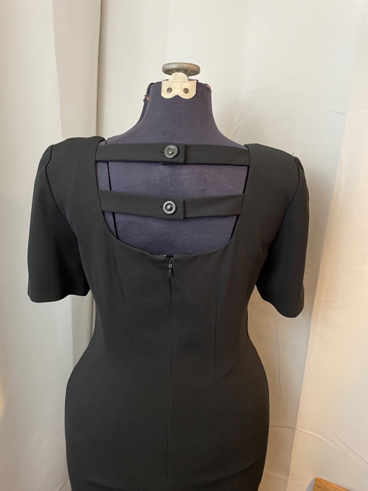 1990s Vintage Black Dress Back Button Column Liz Claiborne LBD 10 M