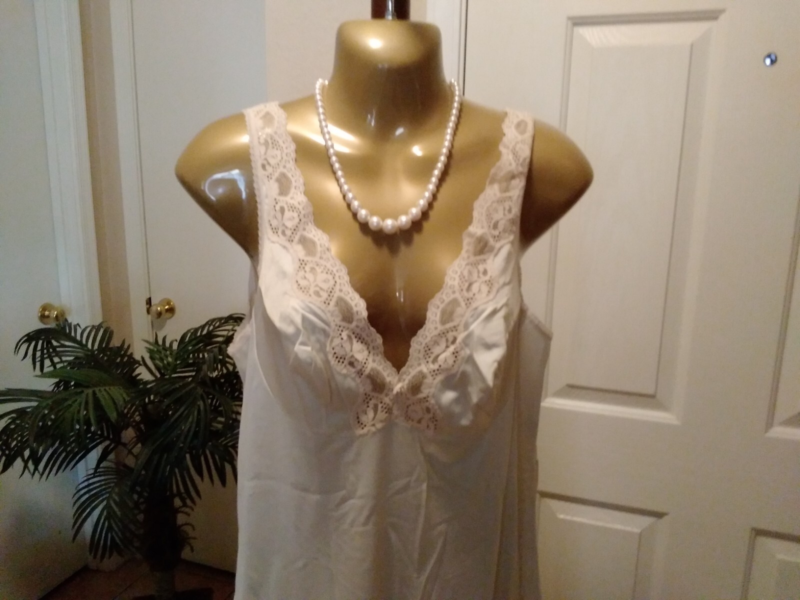 Vintage Full Slip Dress Chemise European SZ M/L Austria Beige w/Lace Trim