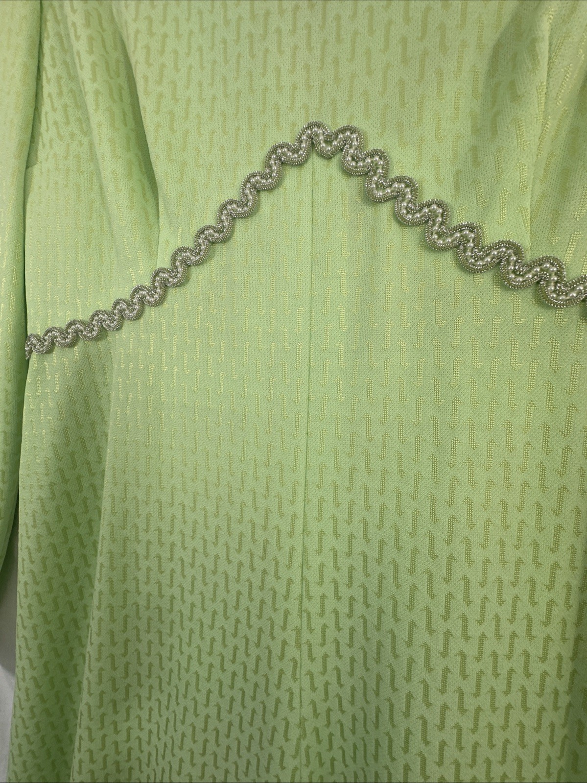 Vtg 60s Maxi Dress Empire Waist Green W/Gold Jacquard Beaded Trim 34″ Bust S 6/8