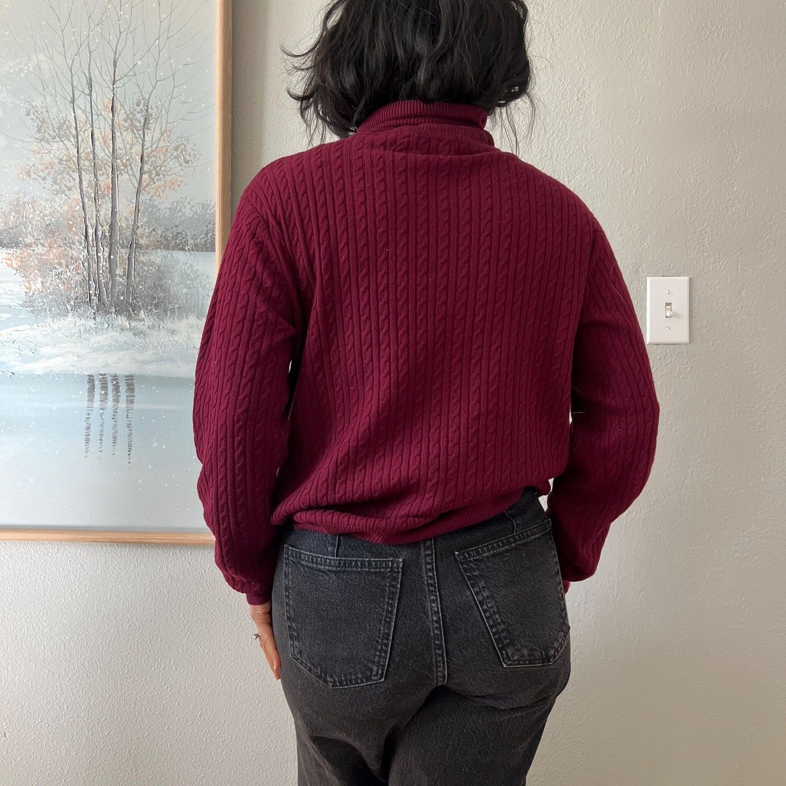 vintage 90s Silk Cashmere Turtleneck Sweater Burgundy Cable Knit Neiman Marcus