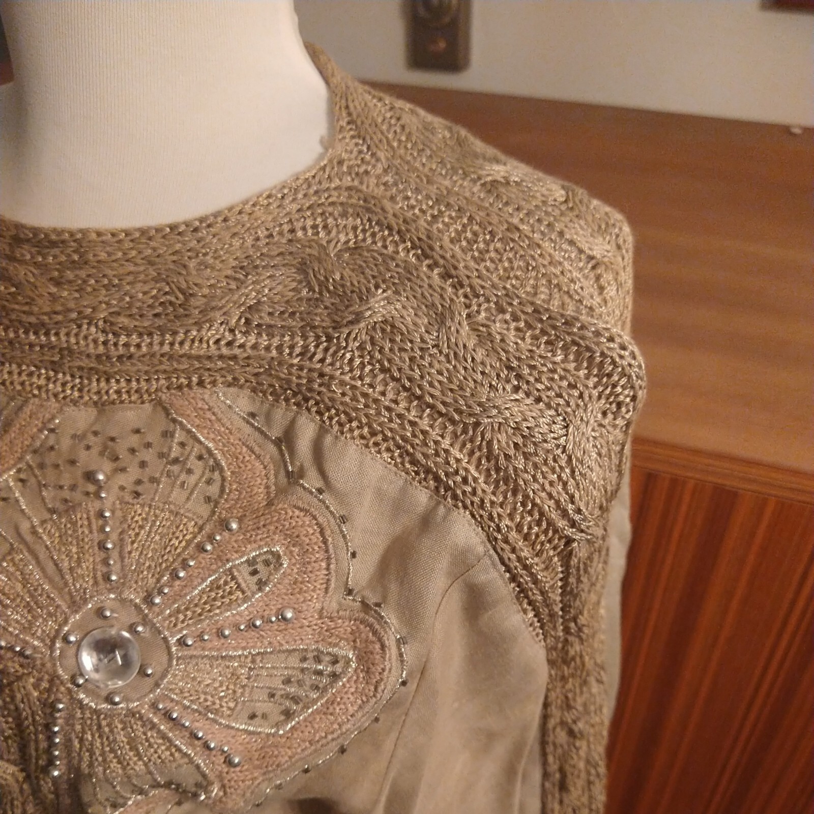 VTG 80s Suzelle Tan Sz M Sequin Beaded Embroidered Sweater