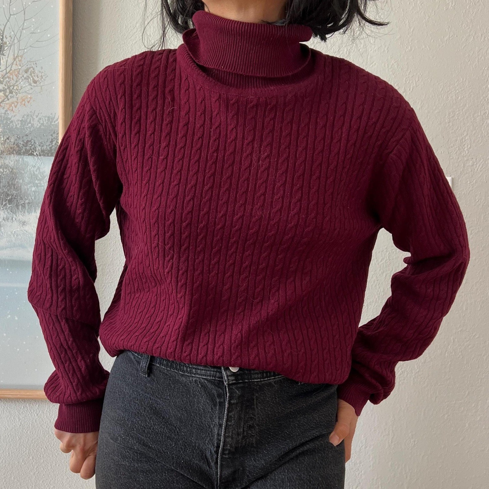 vintage 90s Silk Cashmere Turtleneck Sweater Burgundy Cable Knit Neiman Marcus