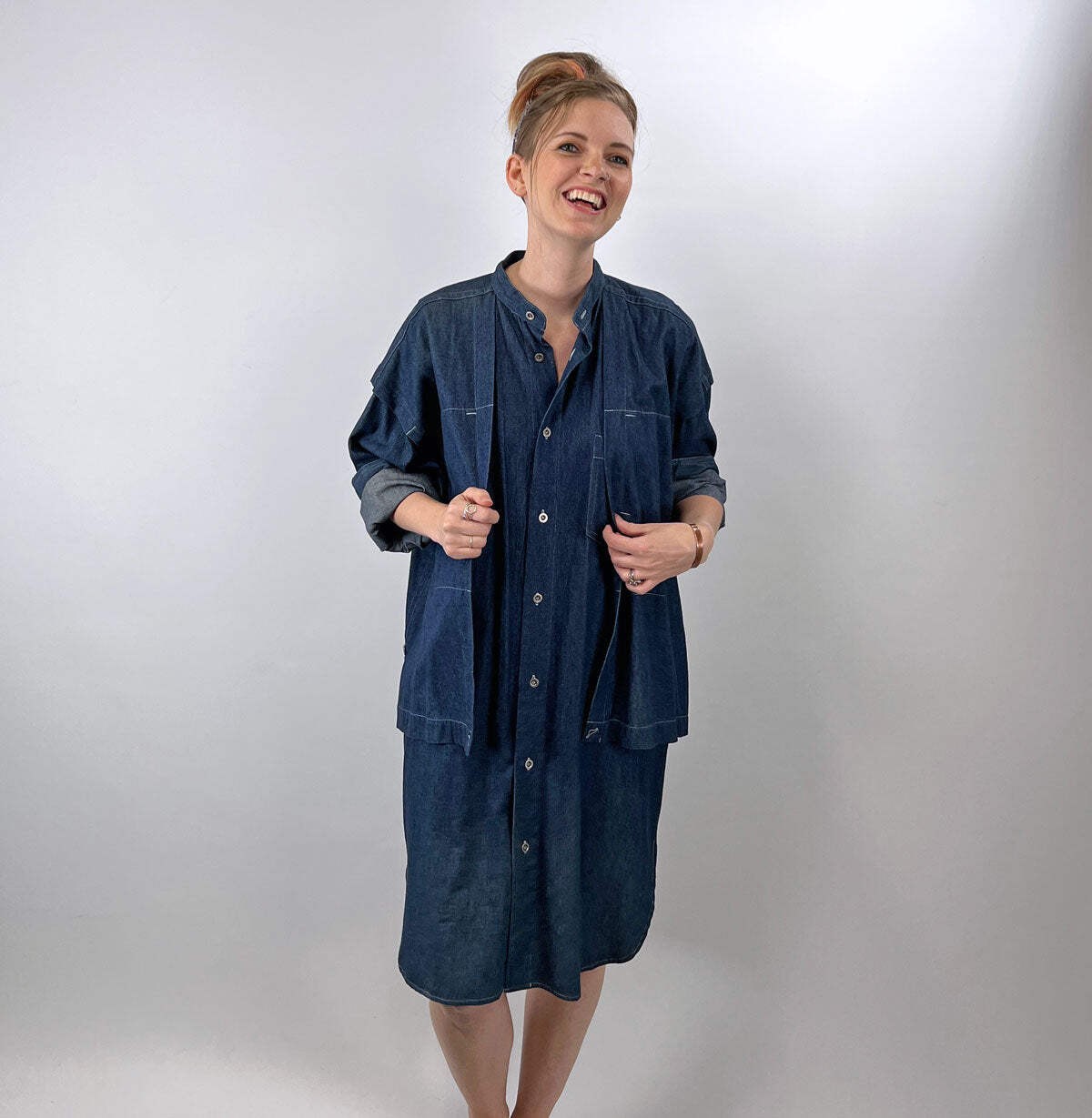 80s 90s Indigo Denim Coat Dress Issey Miyake Plantation OSFM Avant Garde