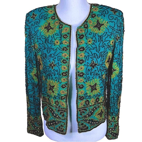Vintage Silk Adrianna Papell Evening Dinner Jacket Beaded Turquoise Teal SM