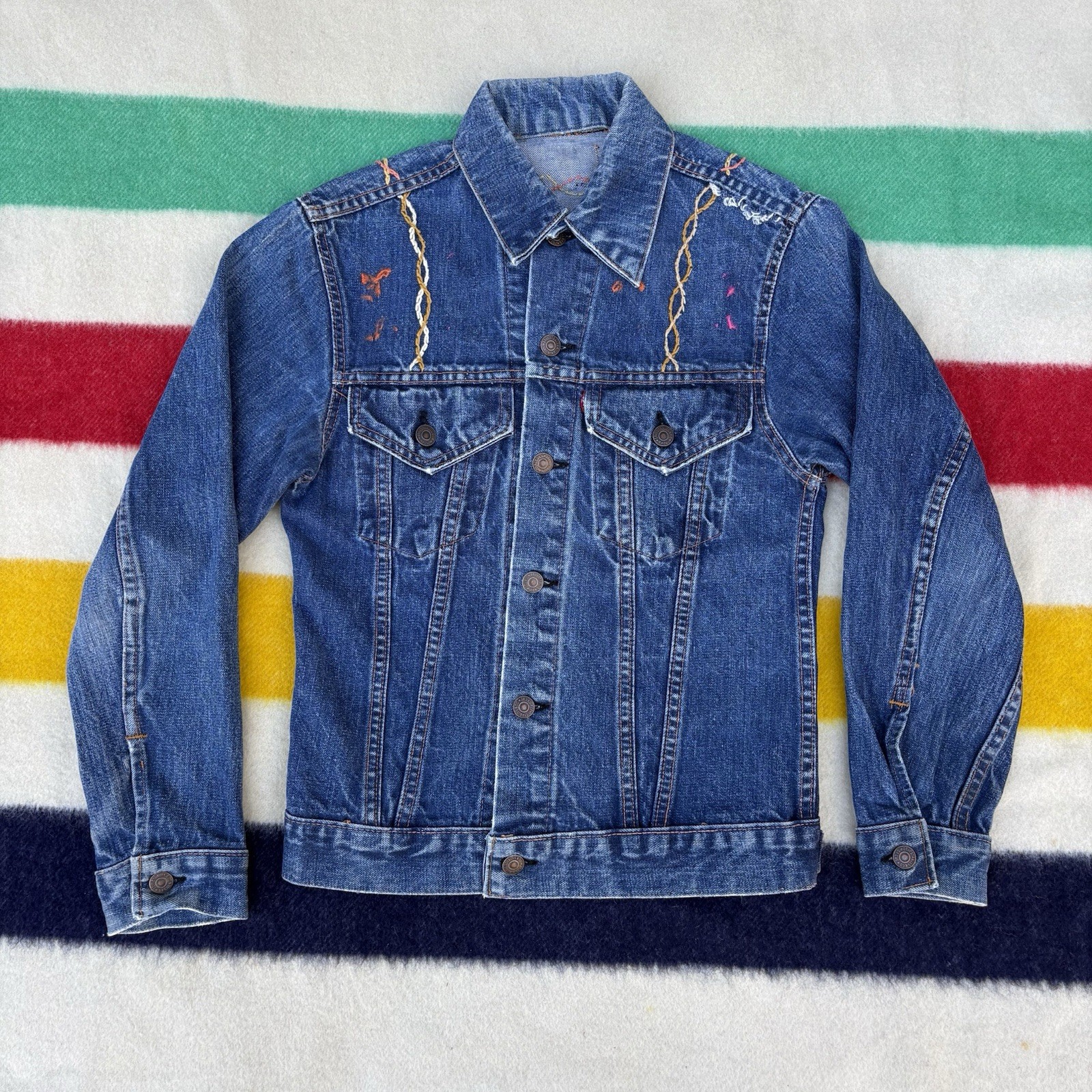Vintage 1970s Levi’s Big E Denim Trucker Jacket Type 3 Embroidered Hippie Biker