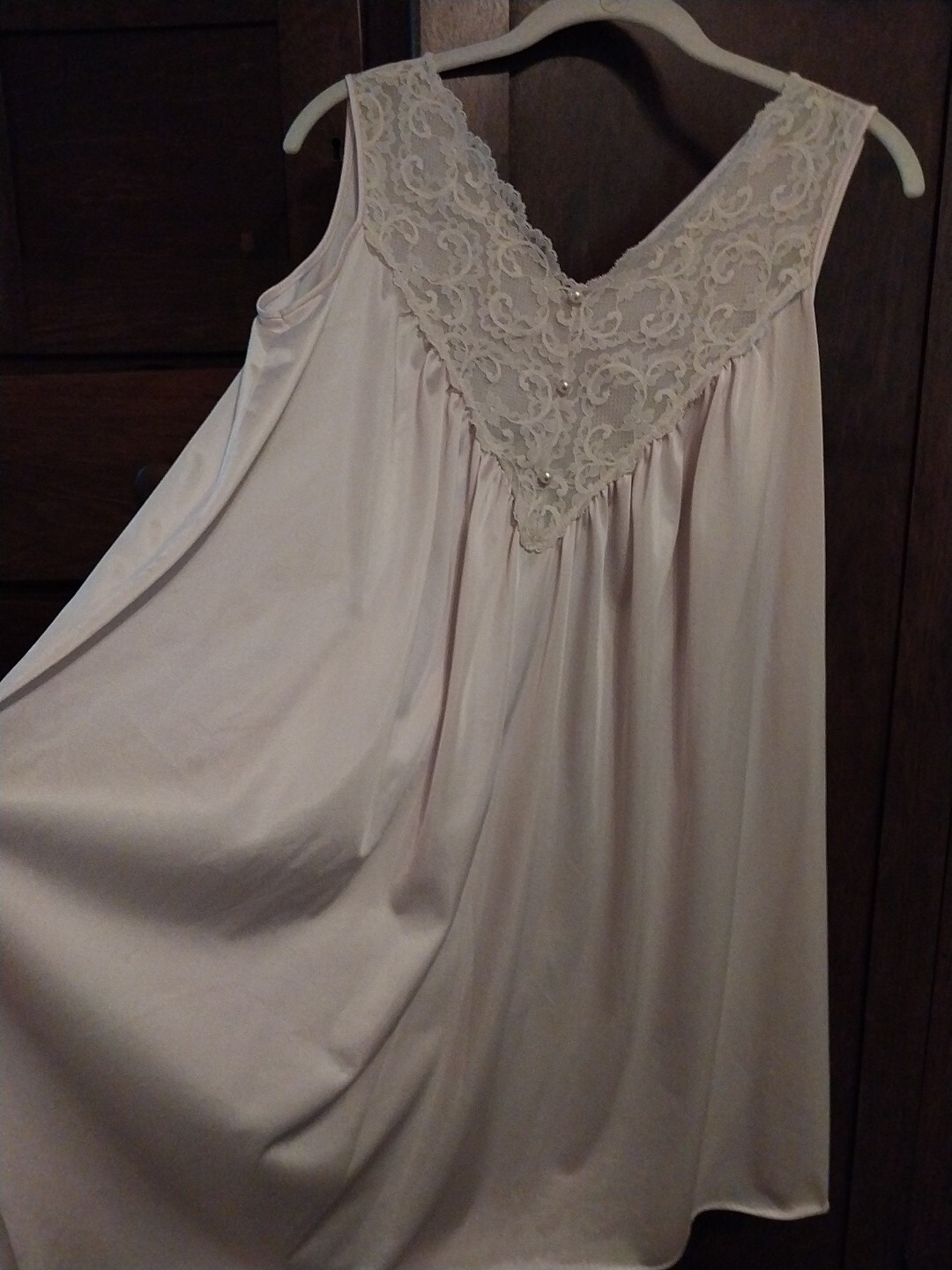 Vintage Lingerie Nightgown Lace Soft Pink Faux Pearl Buttons L Flowy Knee Lngth