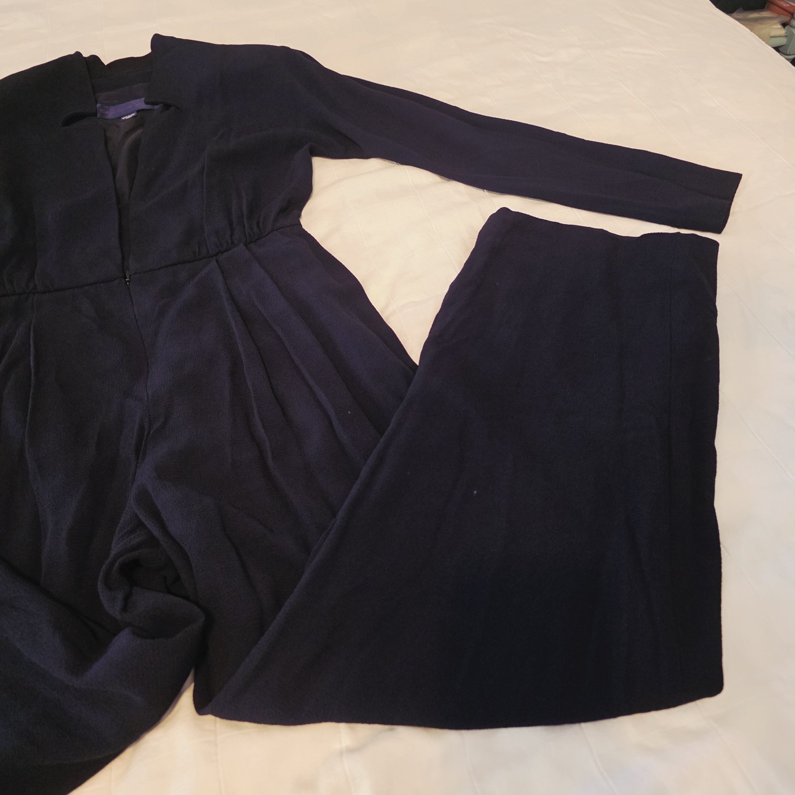 VTG Caroline Roehm Dark Navy Jumpsuit Lined Deep V Wide Leg Long Sleeve 29 Waist