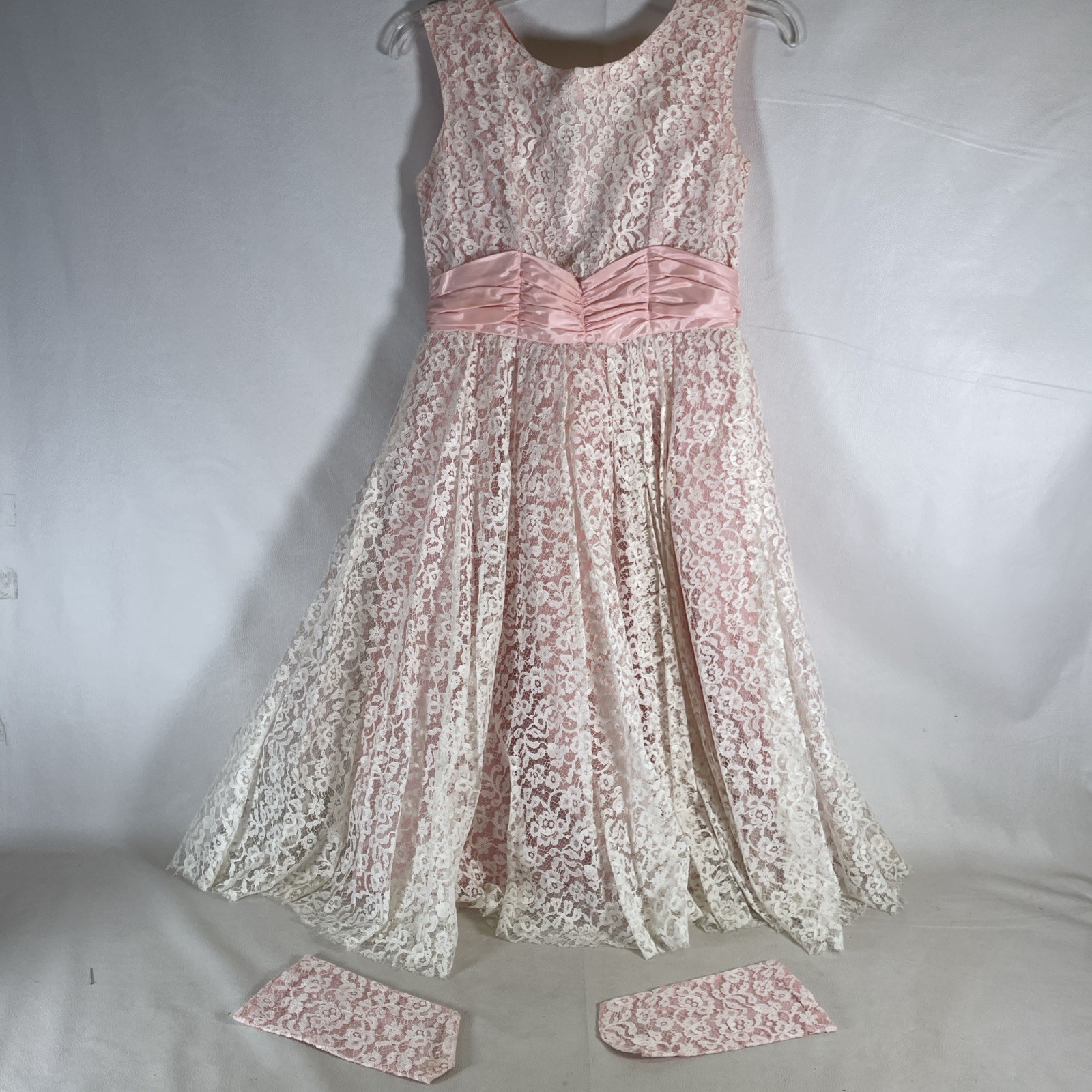 Vintage Pink Sz M (?) Prairie Style Sleeveless Dress W/Lace Overlay-Homemade-Rd!