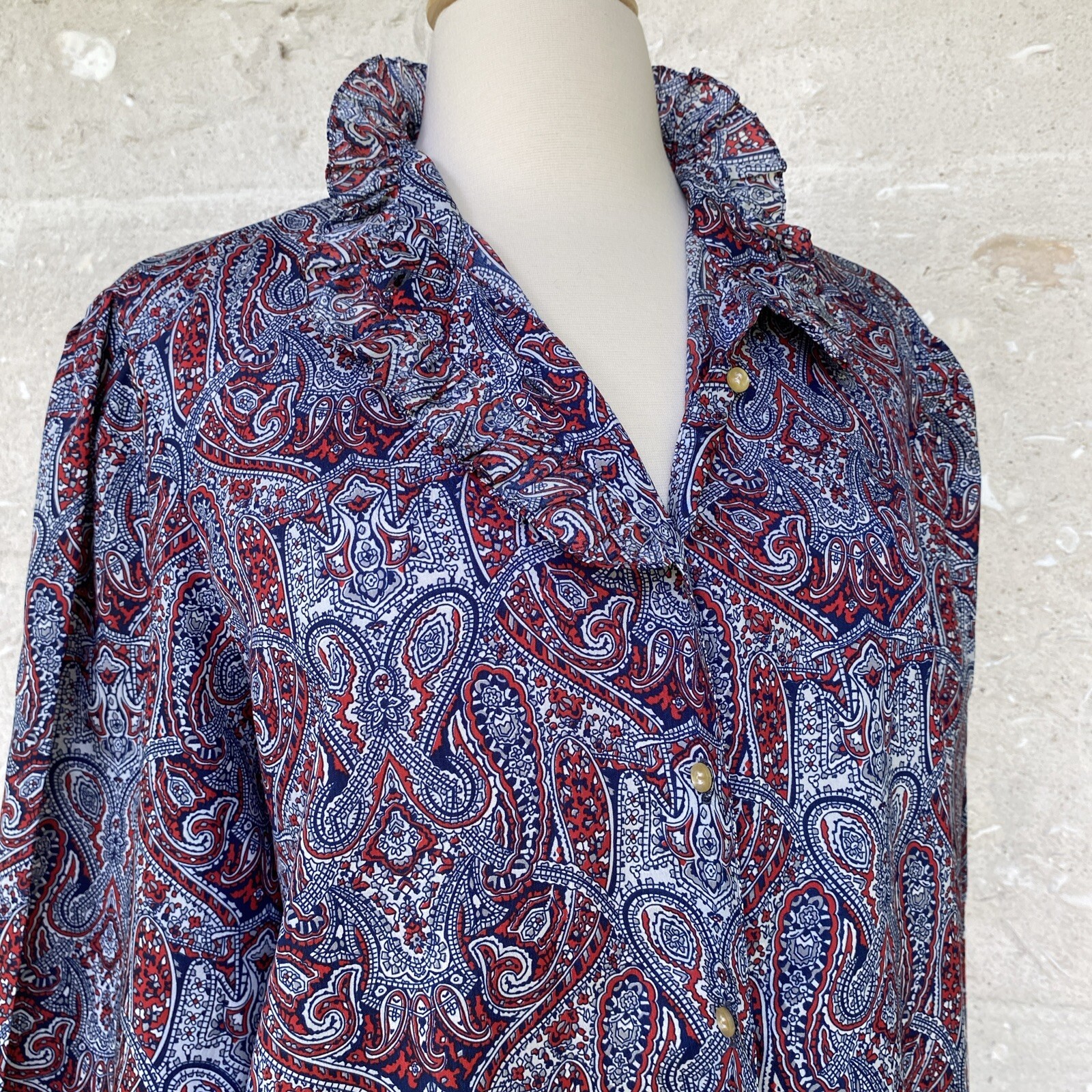 Vintage Secretary Blouse Shirt Large Red White Blue Paisley Ruffle Neck 70s 80s