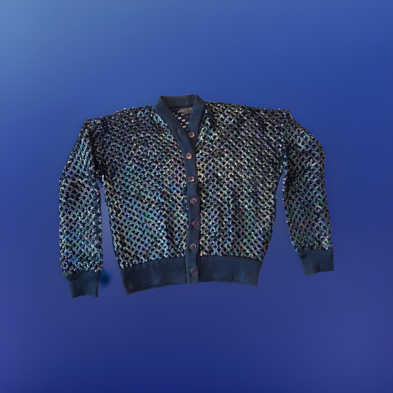 Anthony Muto AM/PM Multi-Sequined ~Sweater Shrug~Blue Button Front Size M/L VTG