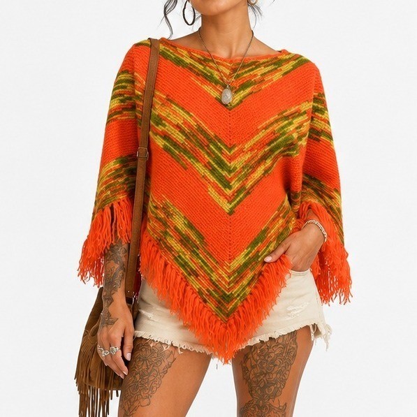 70s Vintage Fringed Poncho Orange Sweater Cape Womens XS Boho Hippie Chevron Mod