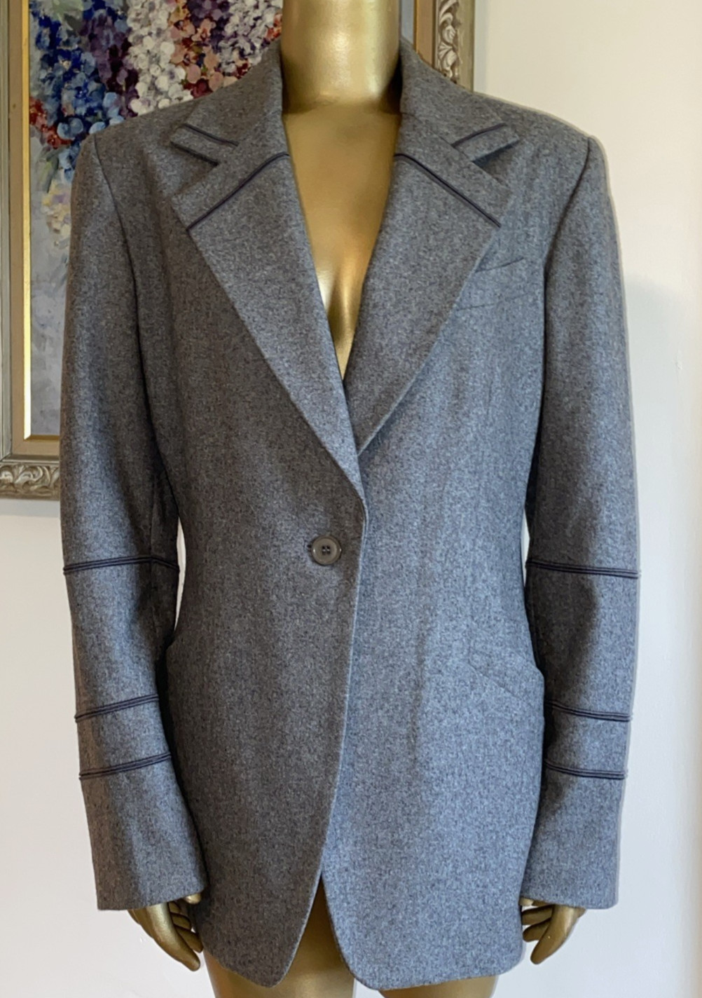VINTAGE Harve Benard Luxury Gray Wool Jacket L Contrast Topstitch Loden Blazer