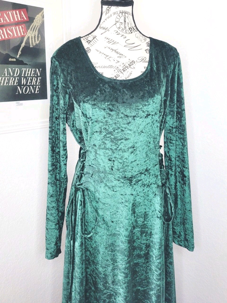 Vintage Crushed Velvet Emerald Green Maxi Dress Whimsygoth Lace Up Size Large