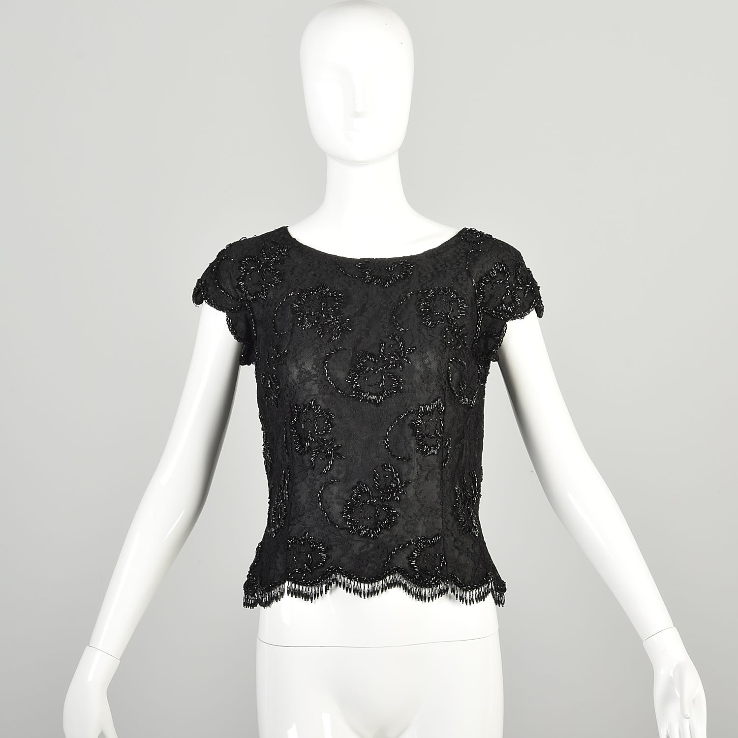 Small 1960s Black Lace Top Beaded Fringe Scoop Neck Scalloped Hem Silk Top