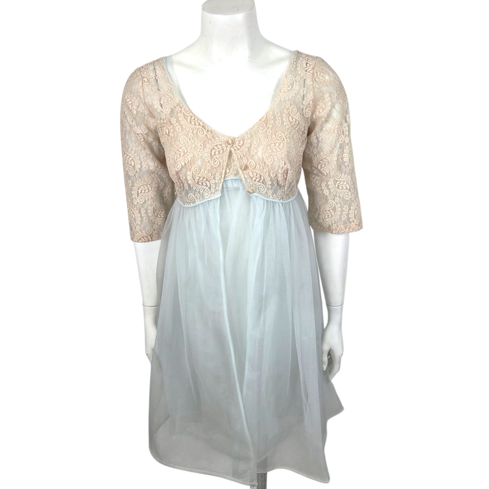 Vintage 60s Lisette Al Sterling Peignoir Nightgown Robe Set 34 Blue Beige Lace