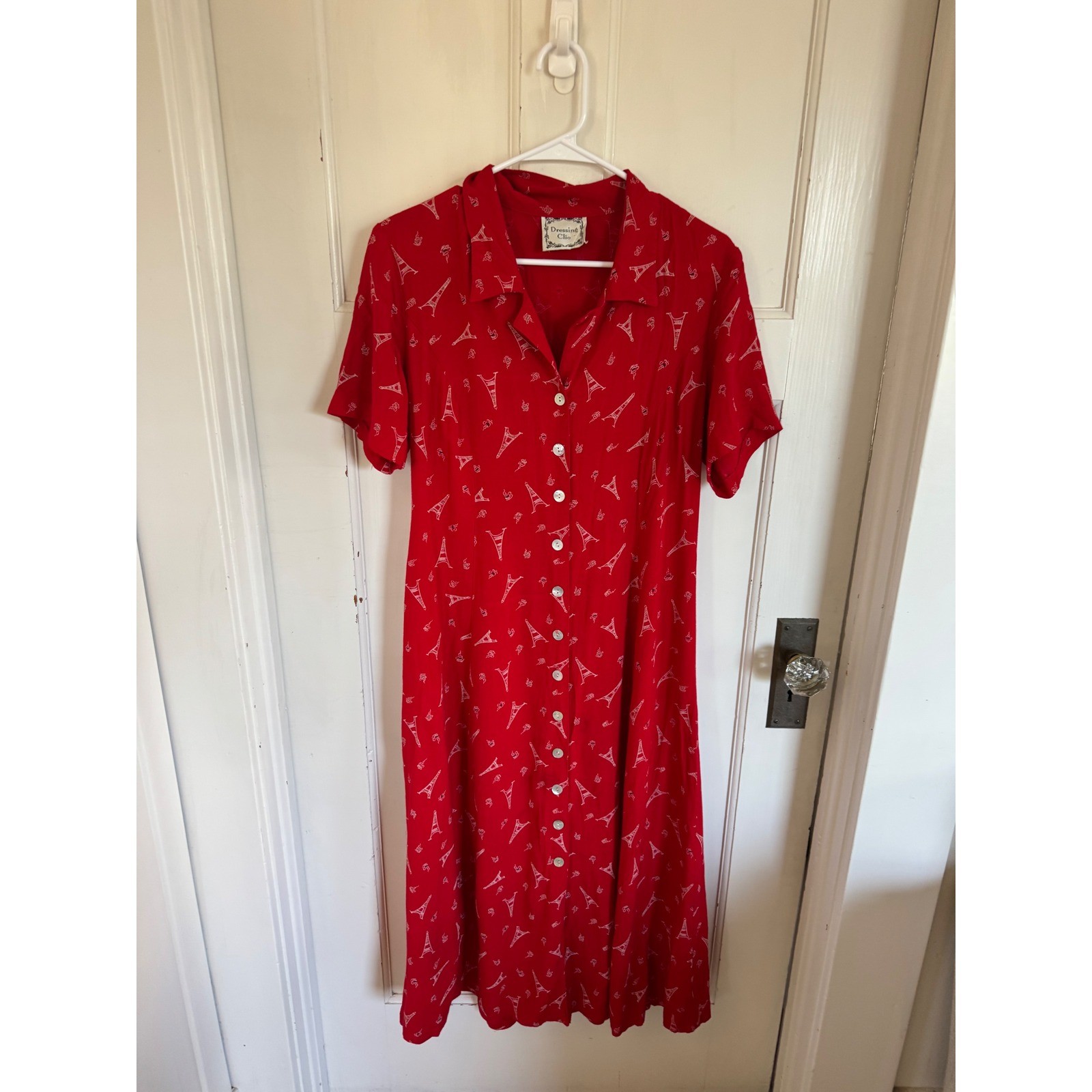 Vintage Dressing Clio red Eiffel Tower Parisian print red shirt dress size large