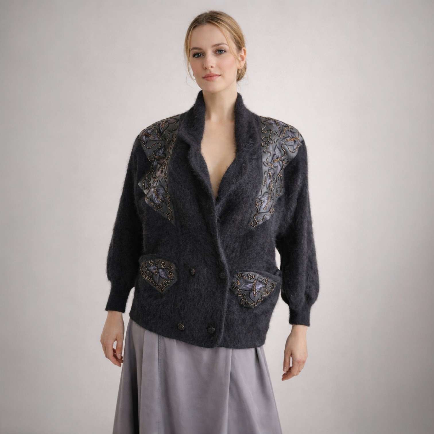 Vintage 80s Black Angora Cardigan Size M Floral Faux Leather Glamoratti Mob Wife