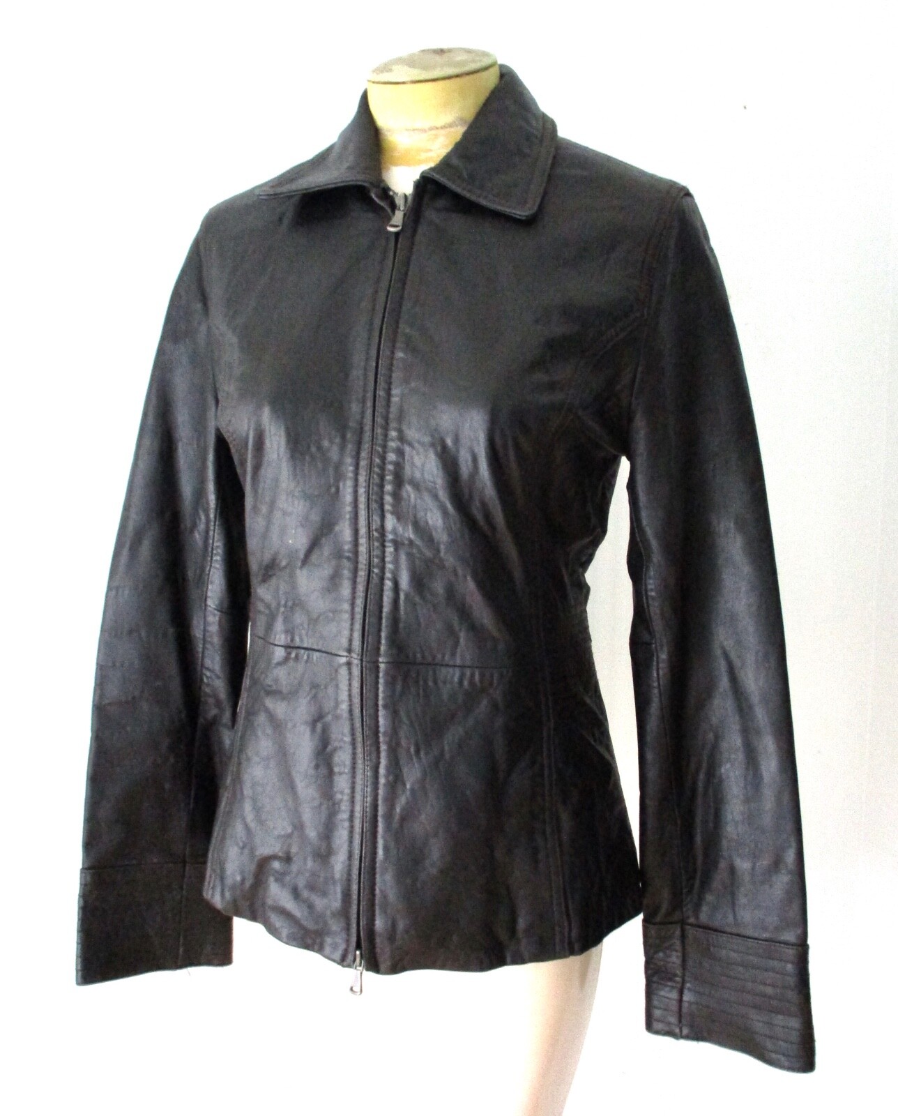 Vtg black lambskin leather zip blazer jacket hand pockets lined stitch details S