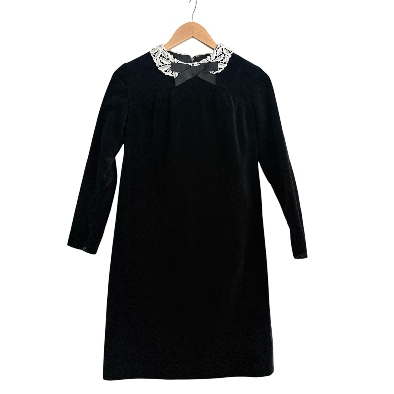 vtg 70s Connie Sage Black Structured Velvet Lace Collar Midi Shift Dress Small