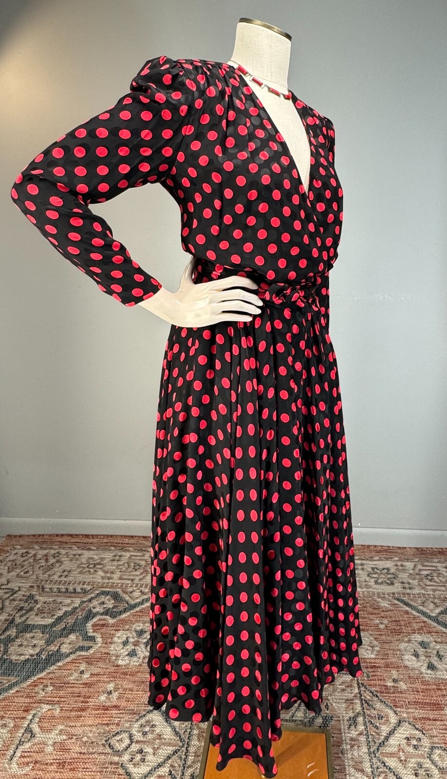 80s Silk Designer Wrap Shirt Dress Albert Nipon Polka Dot Red Black 200+ sweep!!