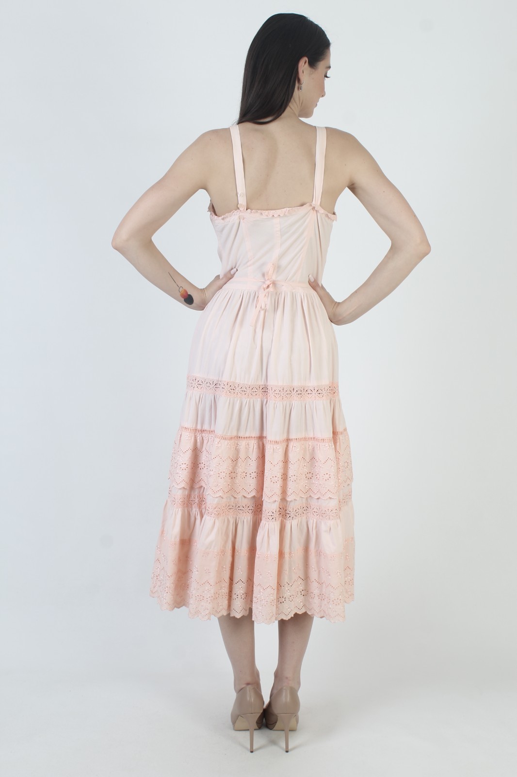 Vtg 70s Starina Paris Dress Embroidered Eyelet Cotton Sweetheart India Sundress