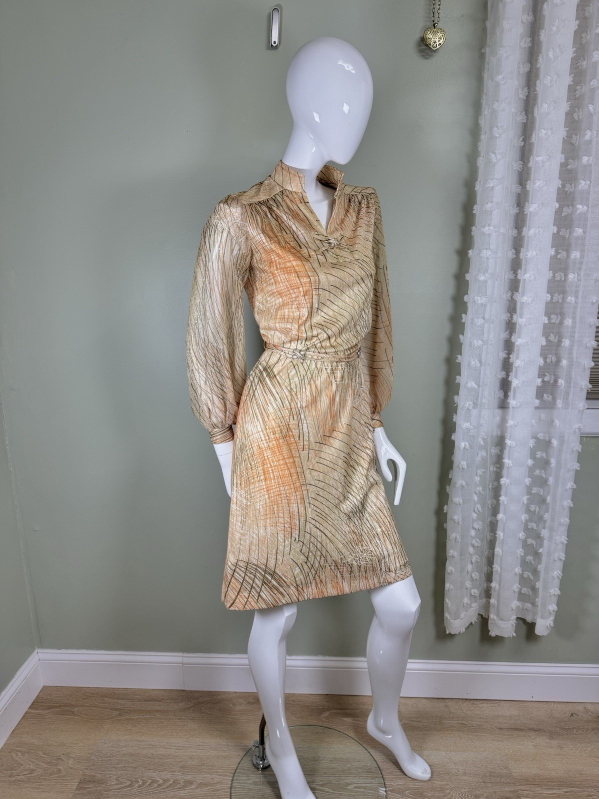 Vintage 1970s Abstract Print Tie Waist Dress | Long Sleeve Earth Tone Midi