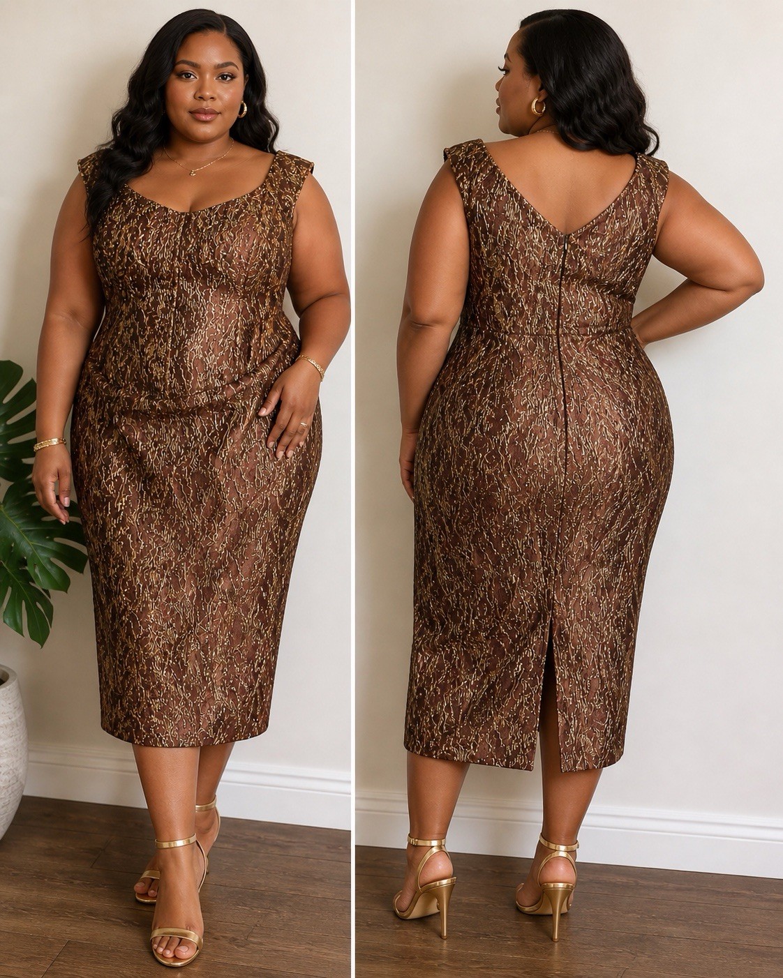Vintage Metallic Brocade Beaded Cocktail Dress Brown & Gold