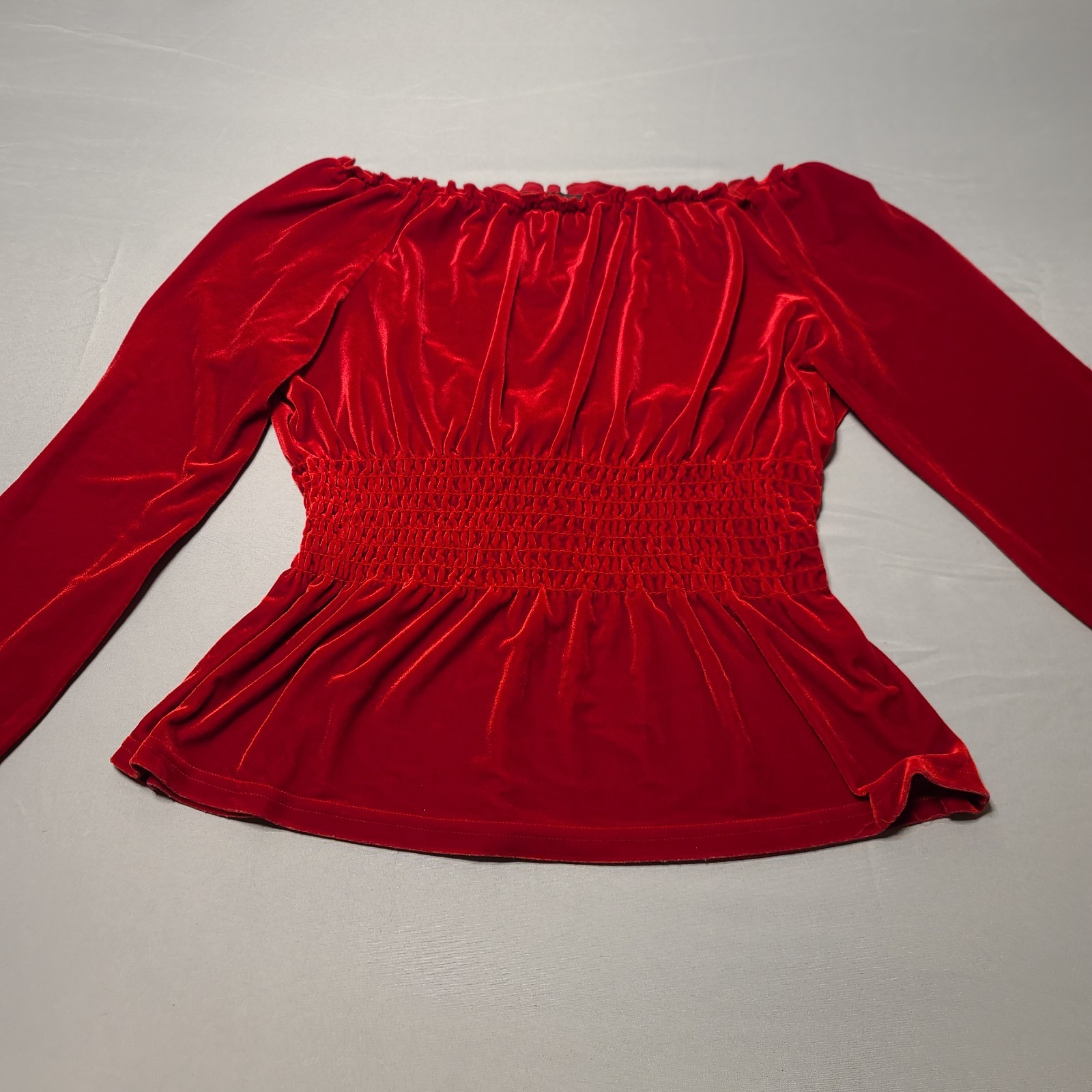 Vintage Jonden Red Velvet Blouse M Square Neck Long Sleeve Smocked Cuffs 90’s