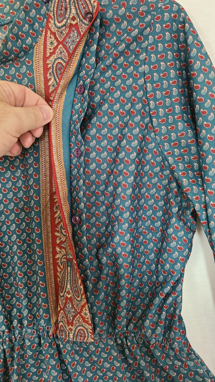 Vtg Lorac Original By Lady Carol Teal Paisley Crepe Blouson Belted Dress
