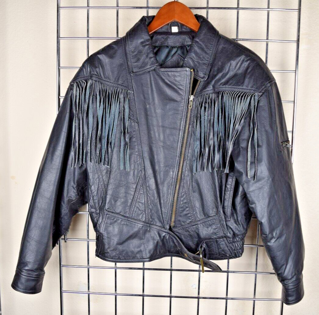 Vintage Leather Jacket Steer Brand Size M/L 80s Glassy Black Fringe All Across