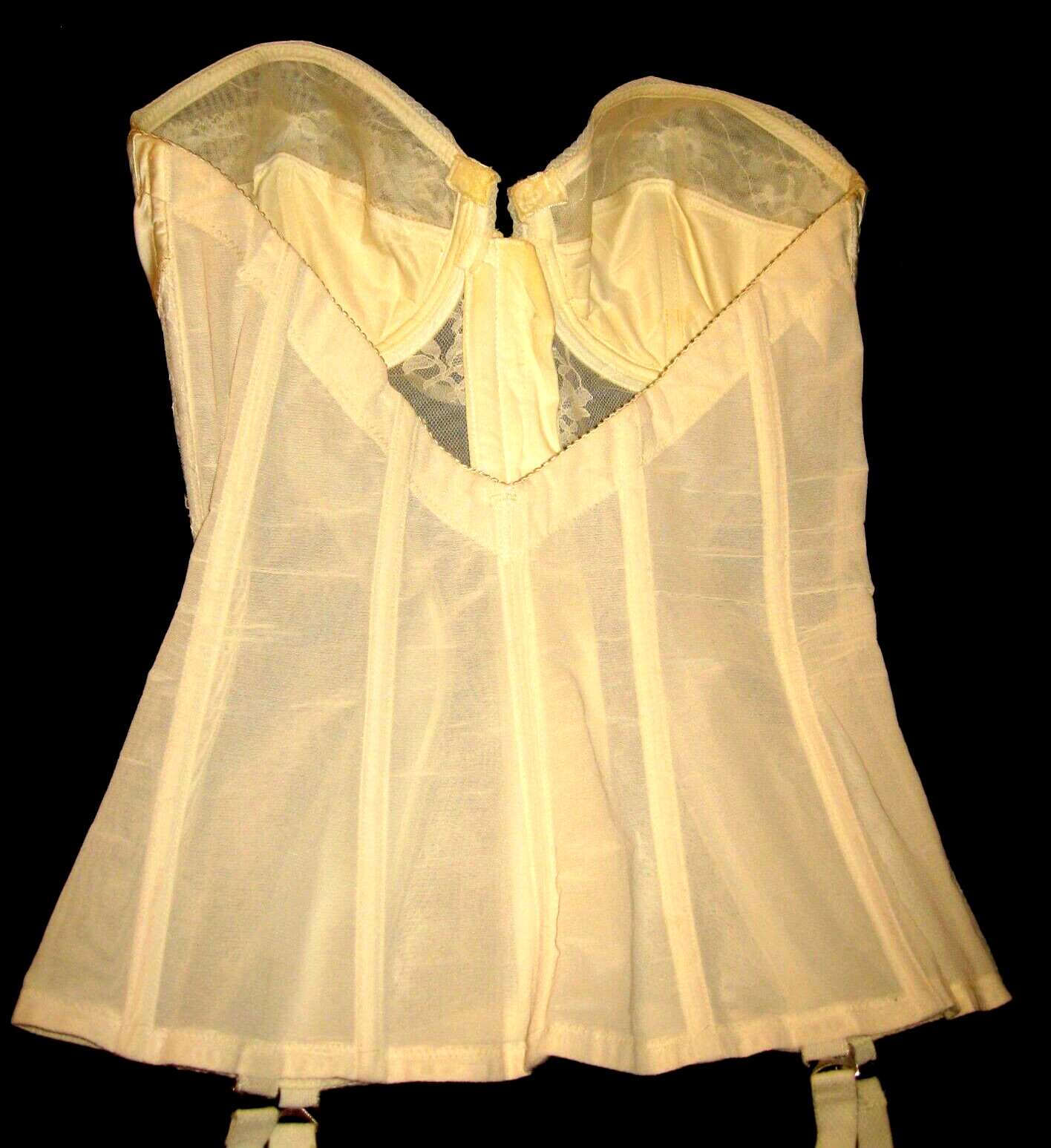 VtG 60s FORMFIT Pinup Corset White Sheer Lace Satin Full-Zip Girdle Garters 36C