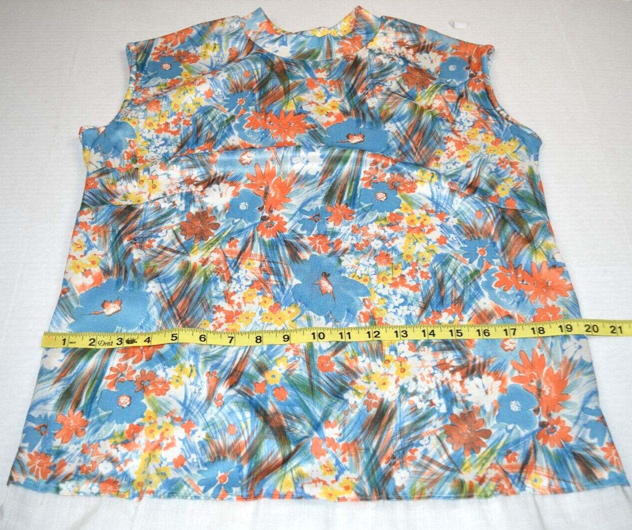 Vintage Midi Dress Blue Orange Yellow Size M 50s 60s Watercolor White Skirt Lace