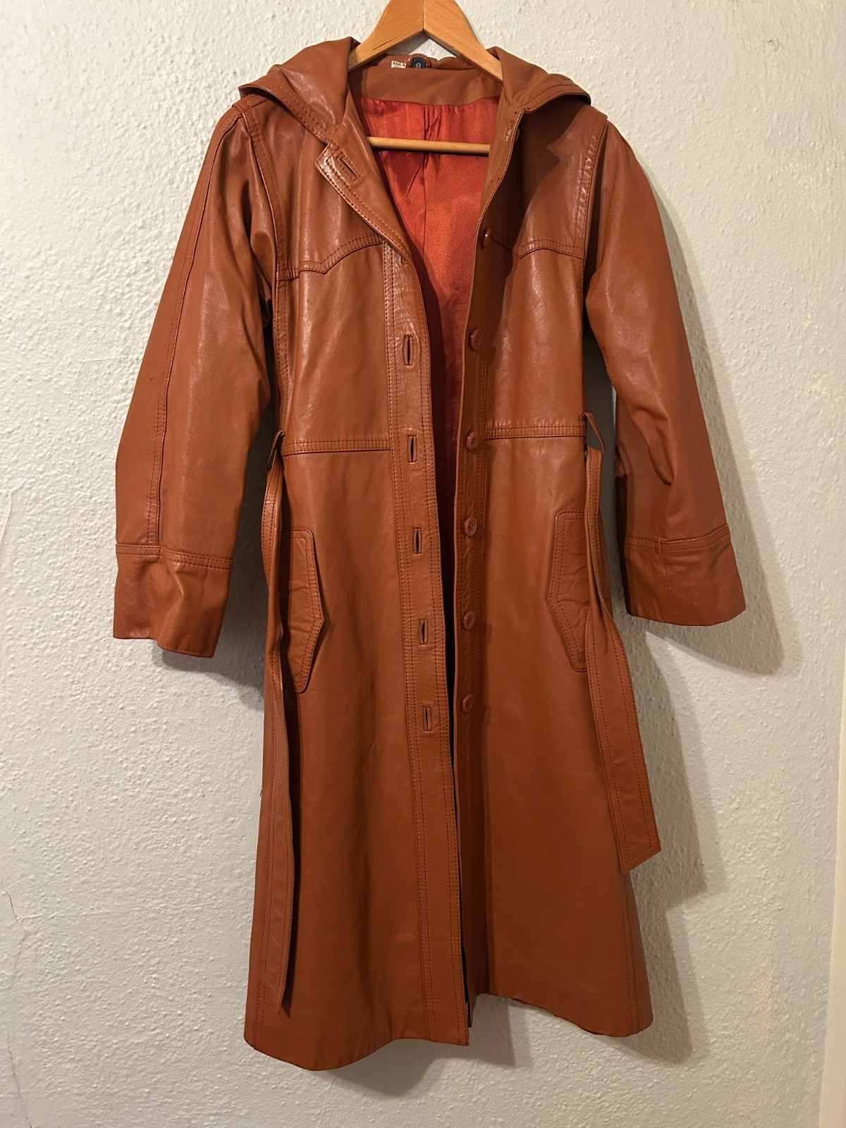 Vintage 70s Womens XS/S Leather Trench Coat Jacket Brown Belted Hooded