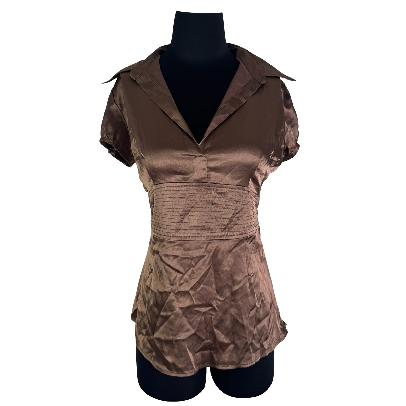 iZ Byer California Y2K Brown Satin Empire Waist Puff Sleeve Blouse Medium Size M