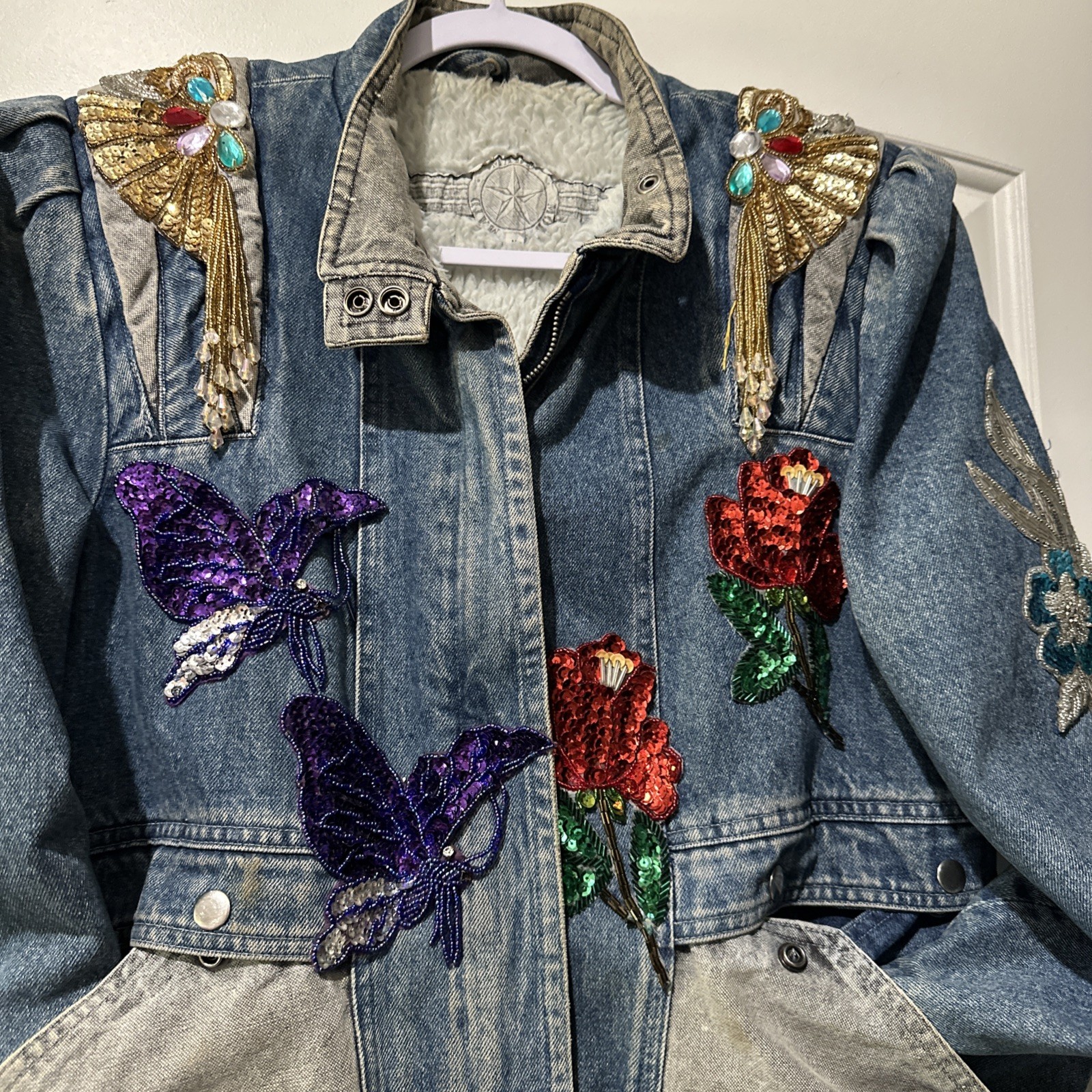 Vtg Mod Maid Denim Jacket Texas Bluebonnet Beaded Gold Fringe Western Cowgirl L
