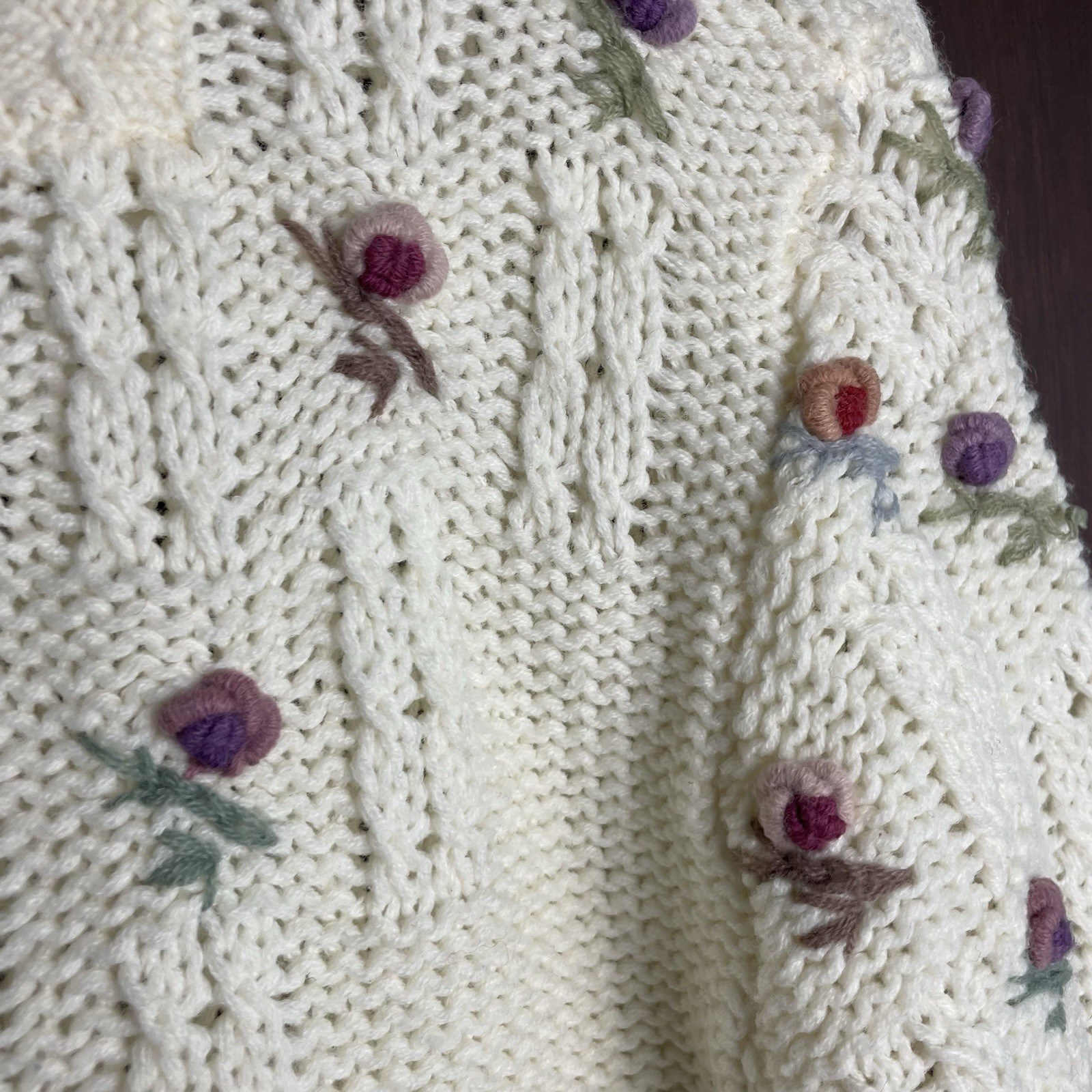 Vintage Mariea Kim Knit Grandma Sweater White Knit Floral Fitted Cottagecore